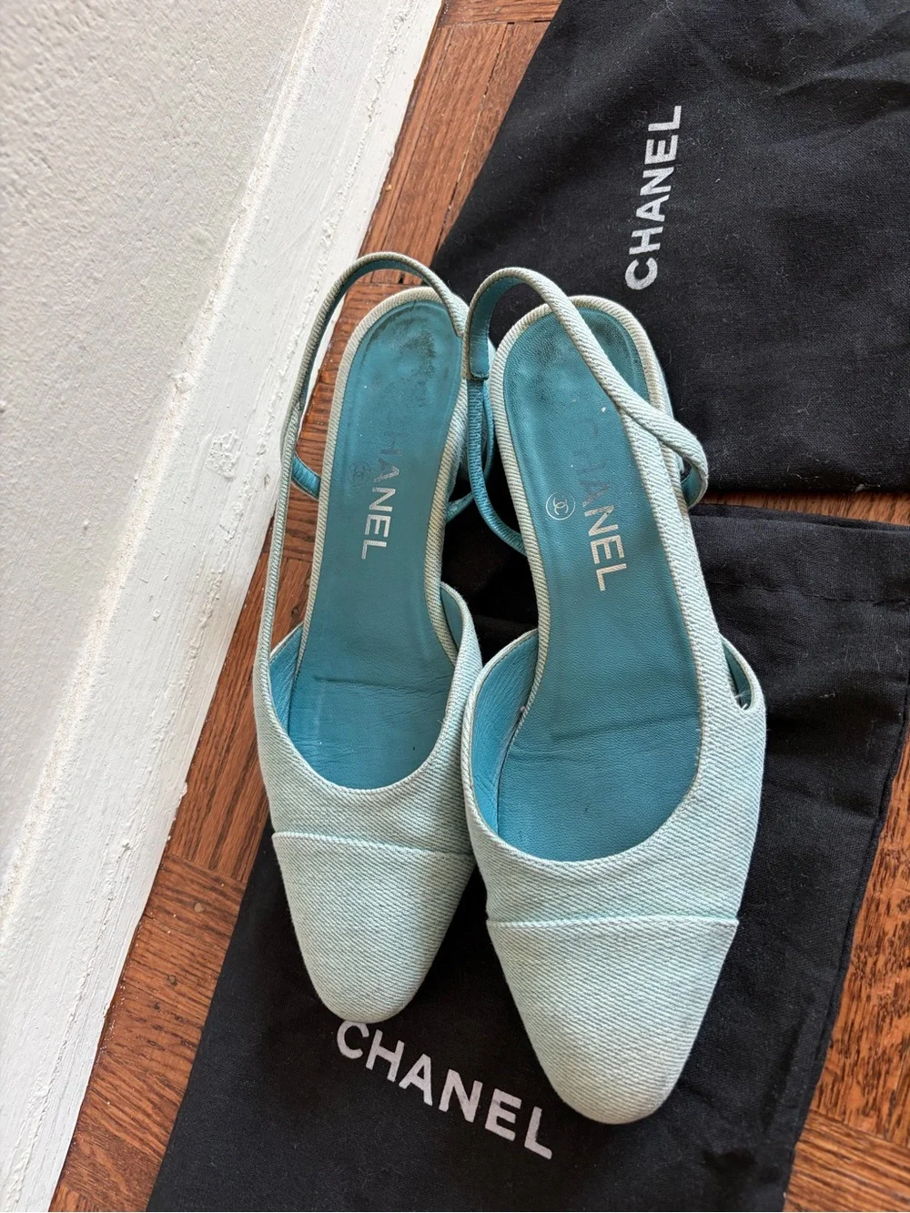 Chanel denim slingback flats mules